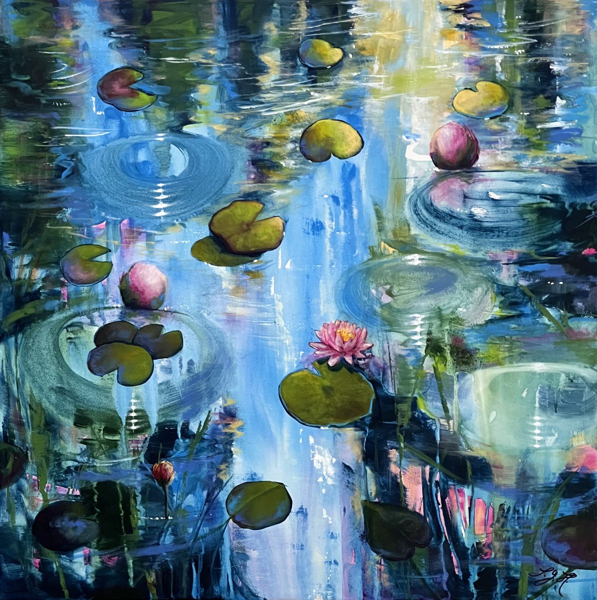 Impressionistic Botanical Acrylic Painting By Sandra Gebhardt-Hoepfner, 24 X 24", Always Waterlilies 5, Original Artwork