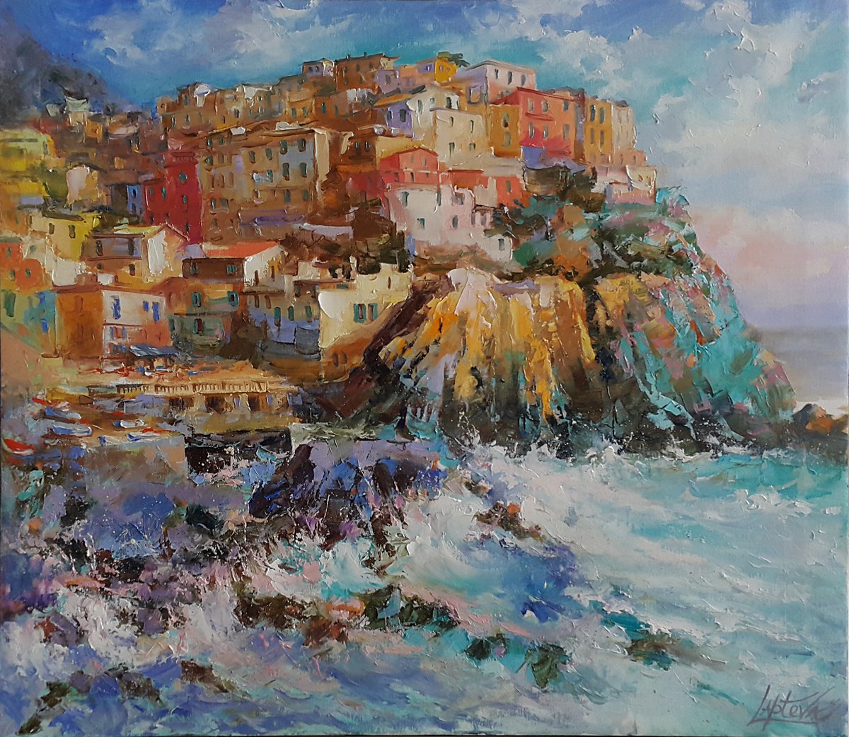 Expressive Landscape Oil Painting By Viktoria Lapteva, 31 X 28", Cinque Terre Manarola Village, Original Artwork