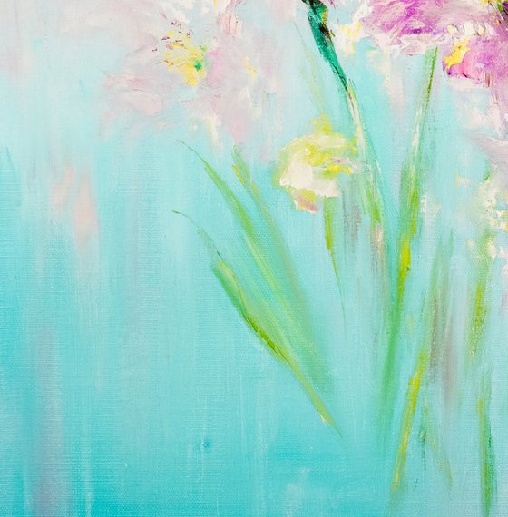 A GENTLE COUPLE- Lilies. Irises. Diptych. Flower couple. Blue canvases. Pastel colors. Heavenly color. White flowers. Abstract flowers. Abstraction.