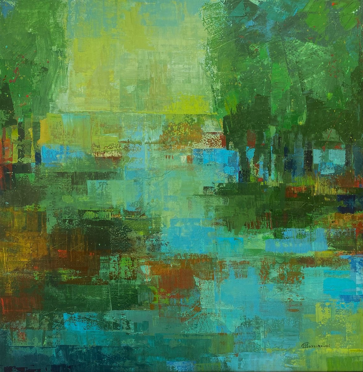 Abstract Landscape Acrylic Painting By Marcello Carrozzini, 27 X 27", Riflessi Nell