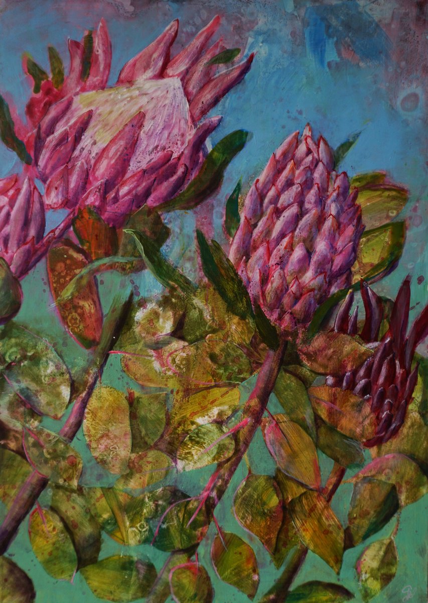 Organic Botanical Acrylic Painting By Dora Stork, 20 X 28, Protea Symphony Iii., Original Artwork