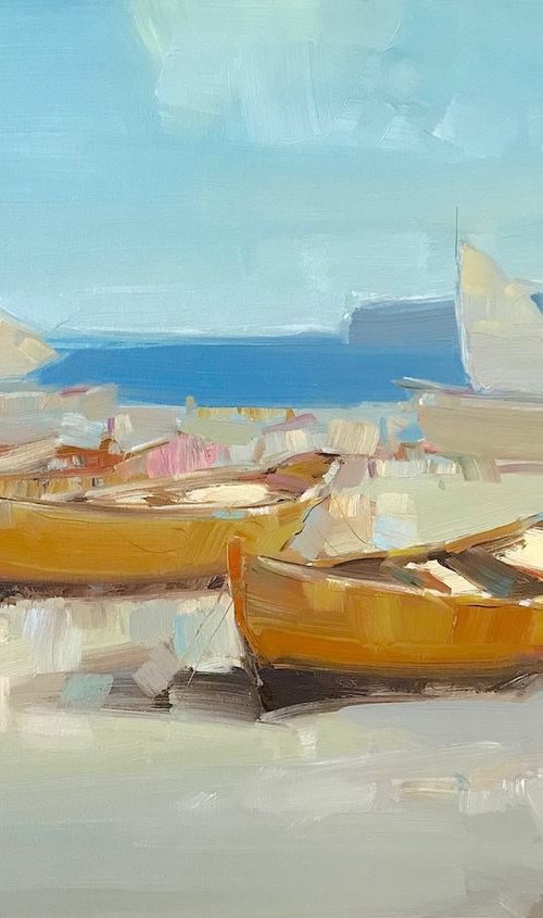 Boats on the Shore, Original oil painting, Handmade artwork, One of a kind by Vahe Yeremyan
