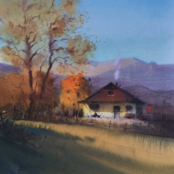 Autumn in mountains original watercolor painting. One of a kind art.