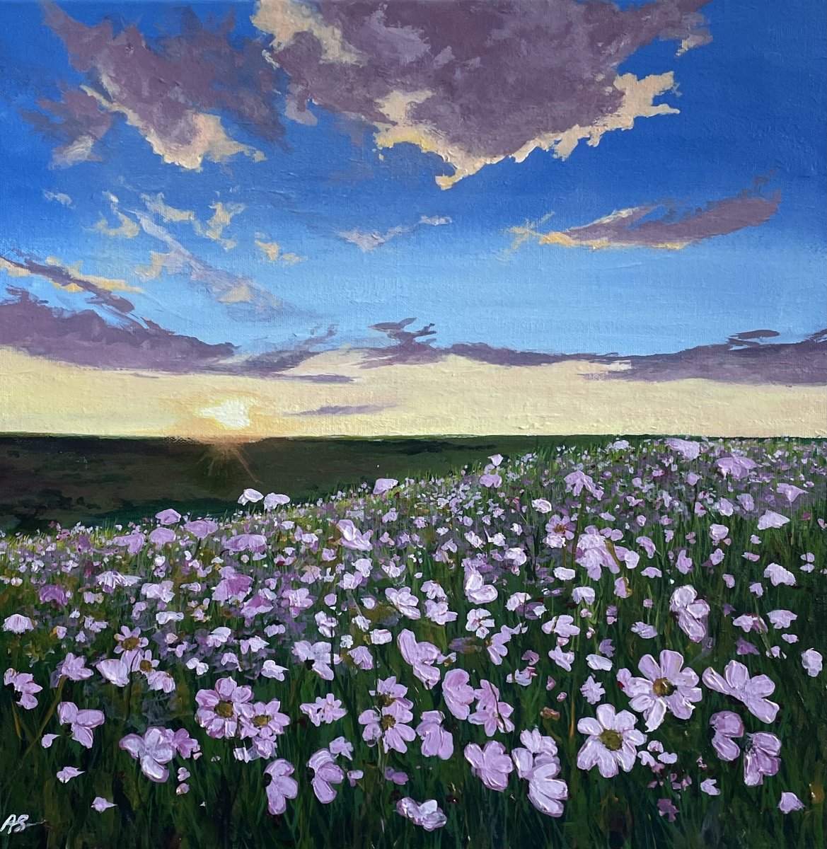 Photorealistic Landscape Acrylic Painting By Anne Shaughnessy, 16 X 16, Field Of Daisies, Original Artwork