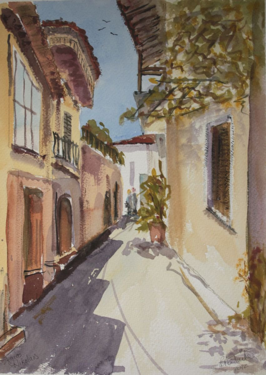 Photorealistic Landscape Watercolour By Brian Tucker, 9 X 13, Aghios Nikolaos, Crete, Original Artwork