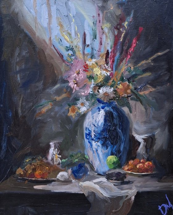 Flowers, fruits and vase