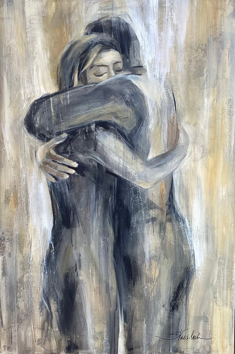 Expressive Portrait Acrylic Painting By Silvia Vassileva, 24 X 36", Reunited, Original Artwork