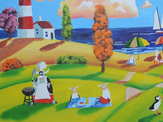 Seaside Folk art naive oil painting with cow and sheep