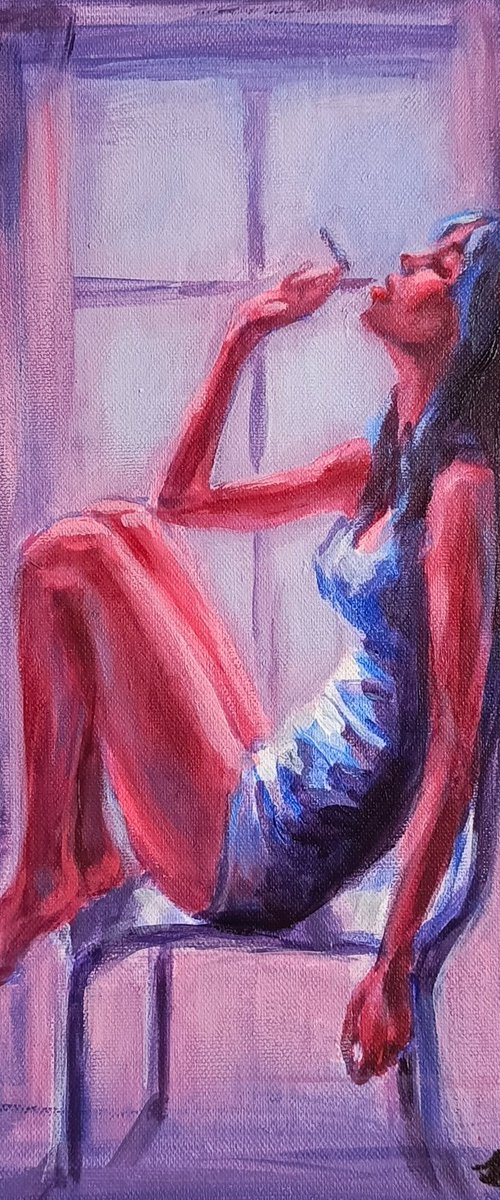 Original acrylic painting Blue Series Smoking woman Portrait by Anastasia Art Line