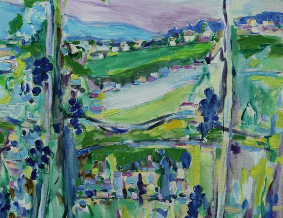 VINEYARD LANDSCAPE - original landscape art, summer plant tree garden grape , large size