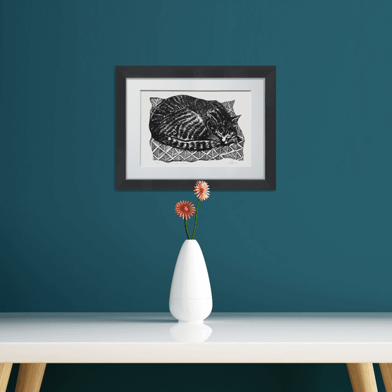 Cat nap linoprint