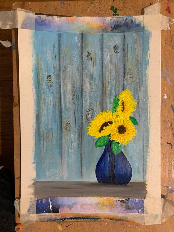 Sunflowers in blue vase ! Still life painting with sunflowers! A4 size Painting on paper
