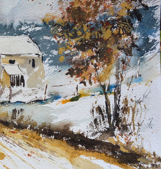 A few houses in winter  watercolour