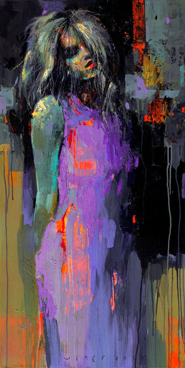 Expressive Oil Painting , Ultramarine Dress By Victor Sheleg, 24 X 47, Artwork For Sale On Artfinder