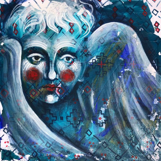 «Cherubs» blue modern triptych with angels