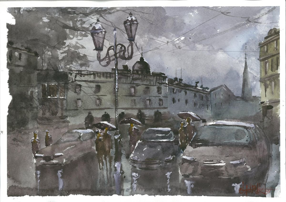 Impressionistic Cityscapes Watercolour By Eugene Gorbachenko, 17 X 12, Night Lviv, Original Artwork