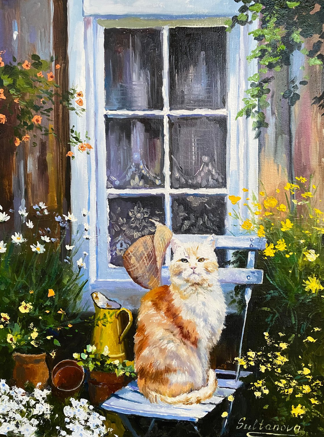 Oil painting of KITTEN in a FALL WINDOW top