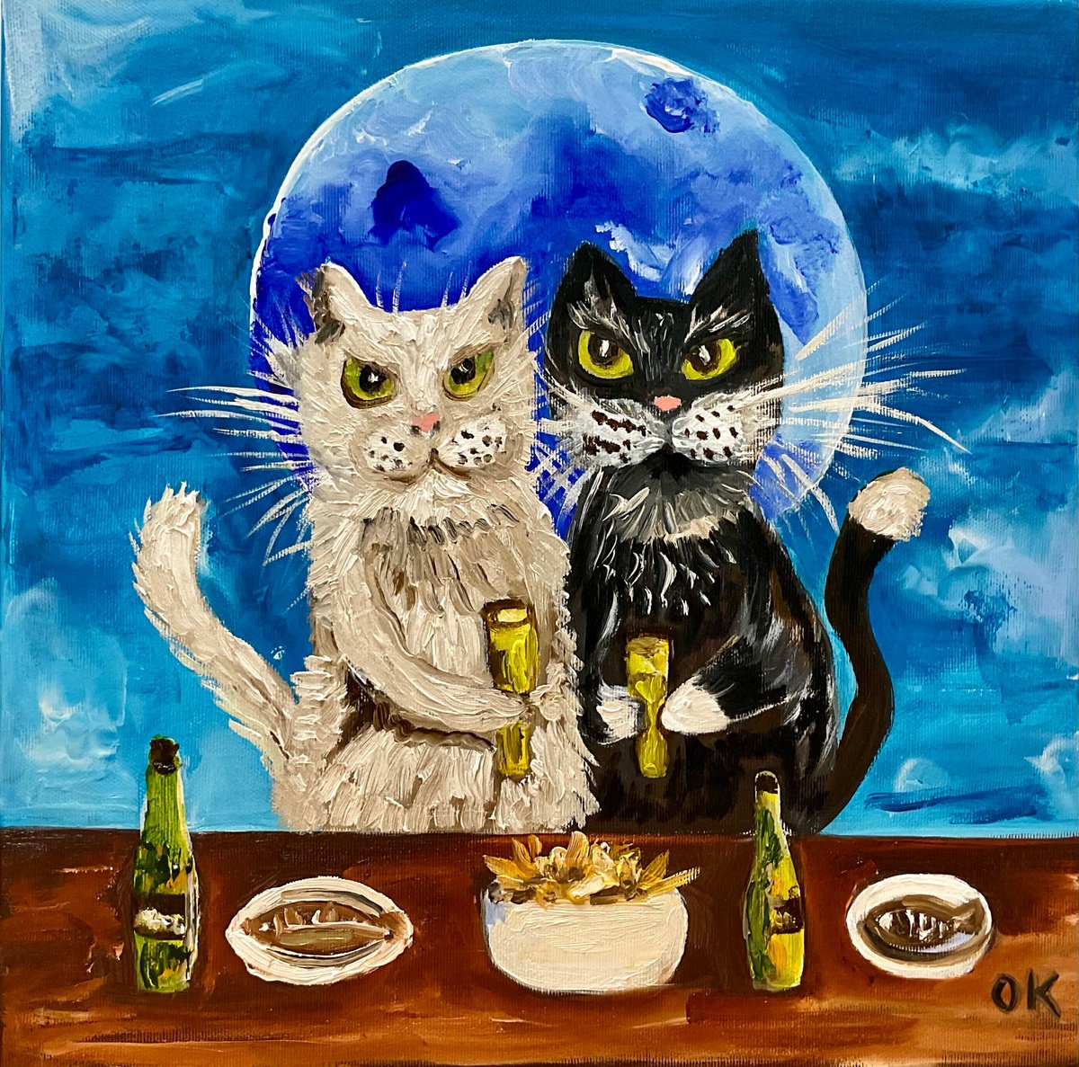 Pint of beer, fish and chips. Lucky couple, two cats friends brings positive emotions in y... by Olga Koval