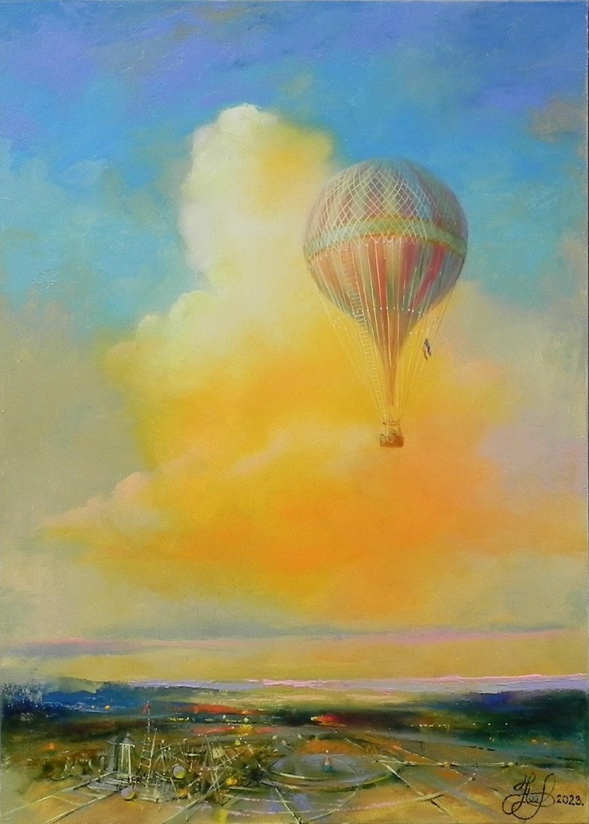 Surrealistic Landscape Oil Painting By Yurii Novikov, 20 X 28", "Peaceful Sky", Original Artwork