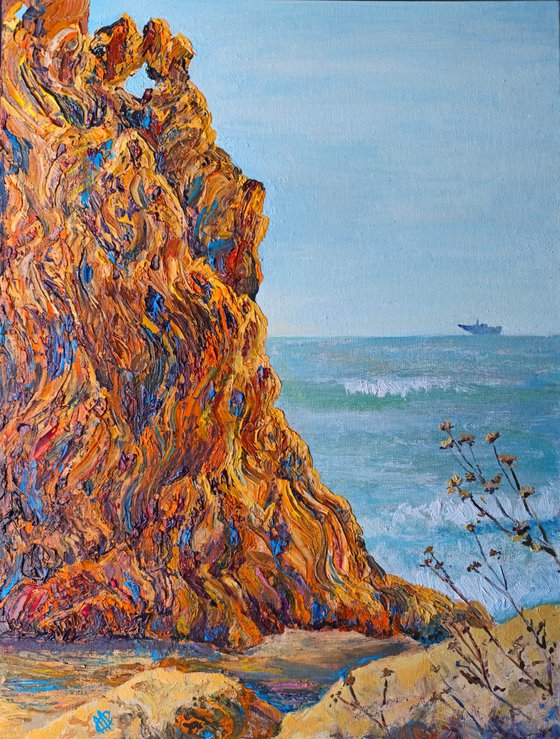 Mediterranean Cliff and Distant Ship