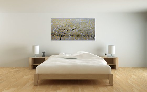 Golden Cherries III - large acrylic abstract painting cherry blossoms nature painting canvas wall art