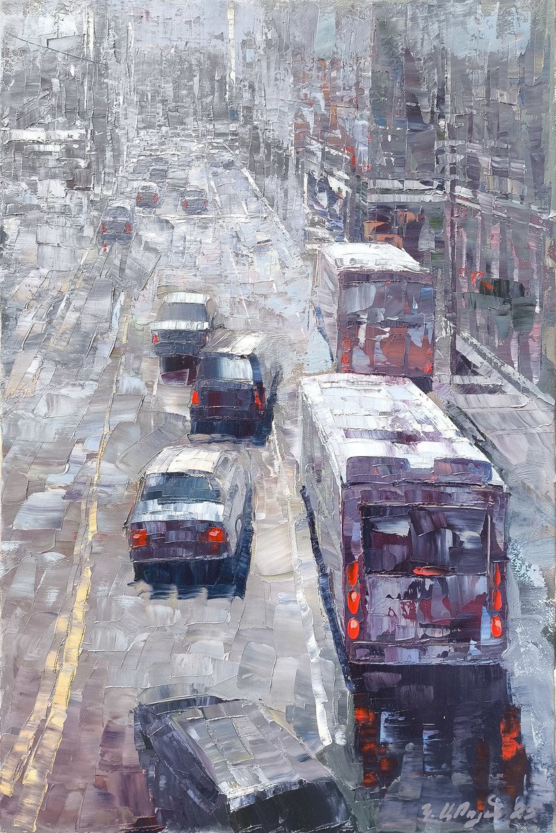 Impressionistic Cityscapes Oil Painting By Kamo Atoyan, 16 X 24", City In Motion, Original Artwork
