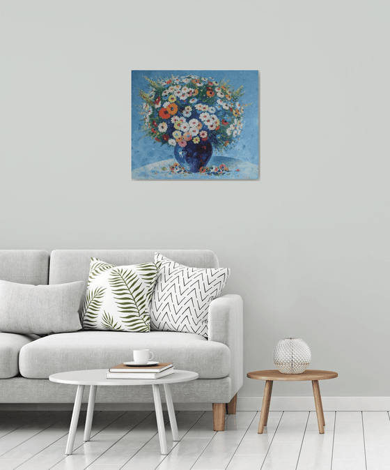 Field flowers in a vase (60x70cm, oil painting,  ready to hang)