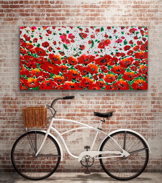 71''x 35''(180 x 90 cm), Garden of Joy 28, art, red green flowers, peony, roses, poppy  original acrylic canvas art, ready to hang