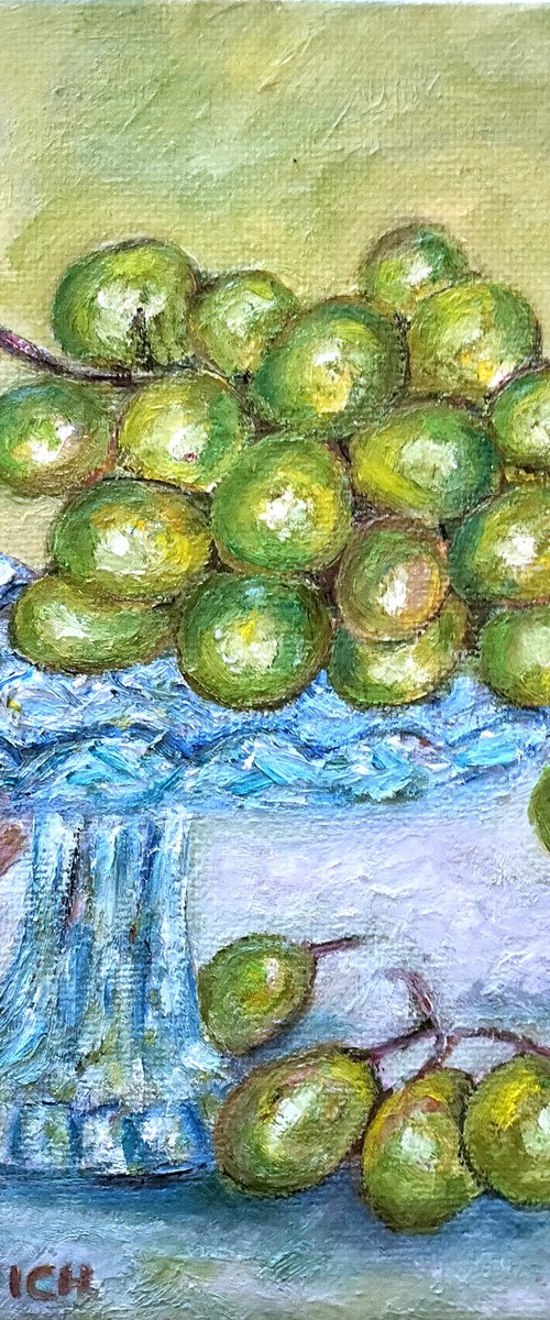 "Still Life with Green Grapes" Original Oil on Canvas Board Painting 20x20cm/8x8 in by Katia Ricci