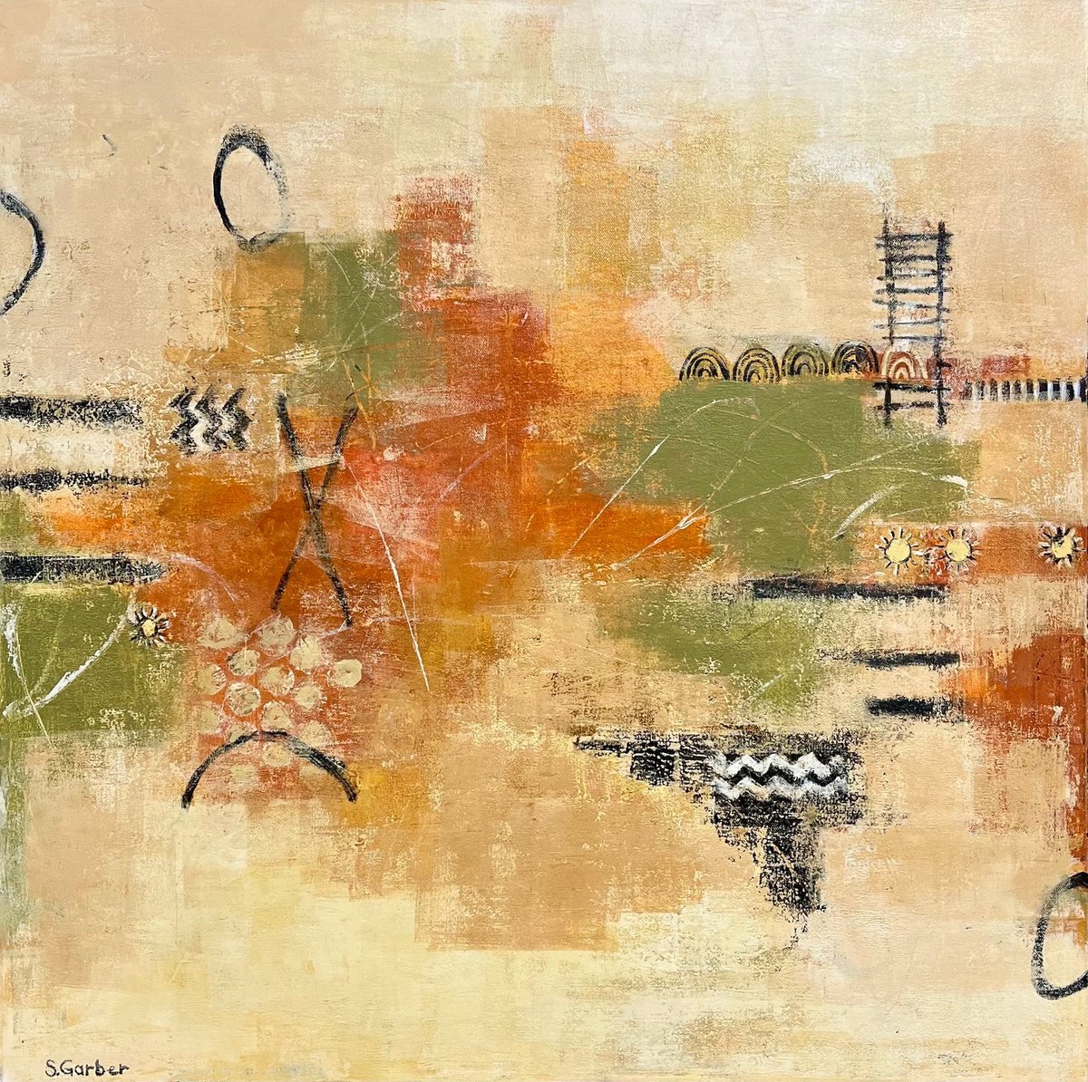 Abstract Landscape Acrylic Painting By Shellie Garber, 30 X 30", Waterfront Park, Original Artwork