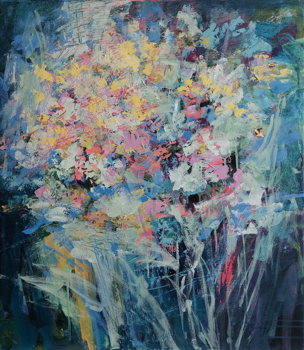 Abstract Botanical Acrylic Painting By Katia Solodka, 28 X 31", Stolen Spring 7, Original Artwork