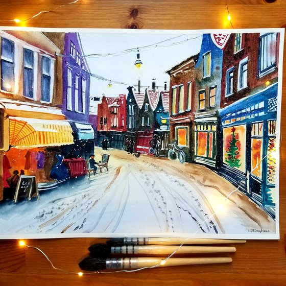 Winter in Amsterdam. Original Watercolor Painting on Cold Press Paper 300 g/m or 140 lb/m. Landscape Painting. Wall Art. 11" x 15". 27.9 x 38.1 cm. Unframed and unmatted.