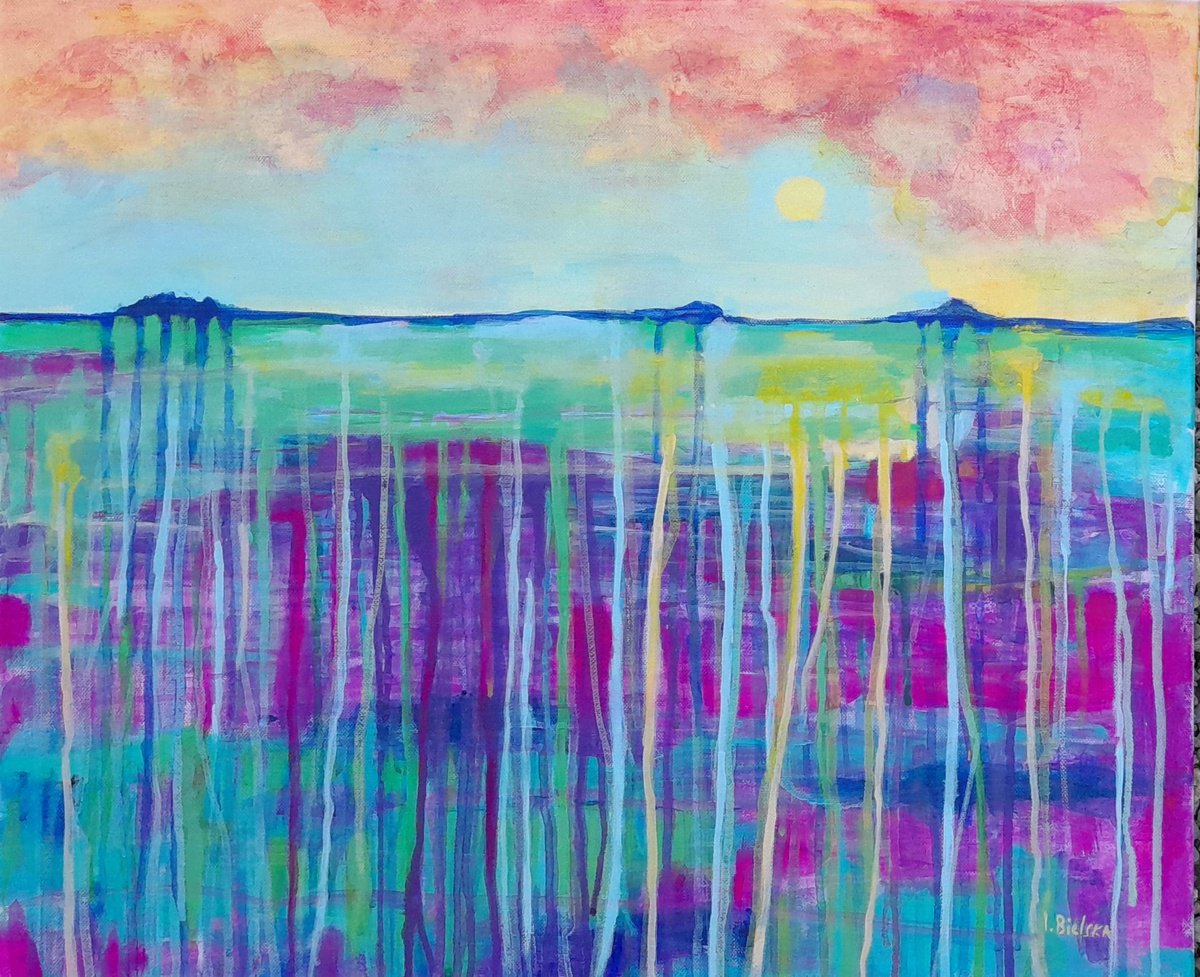 Organic Landscape Acrylic Painting By One Air Art Studio, 24 X 20", Melting Day, Original Artwork