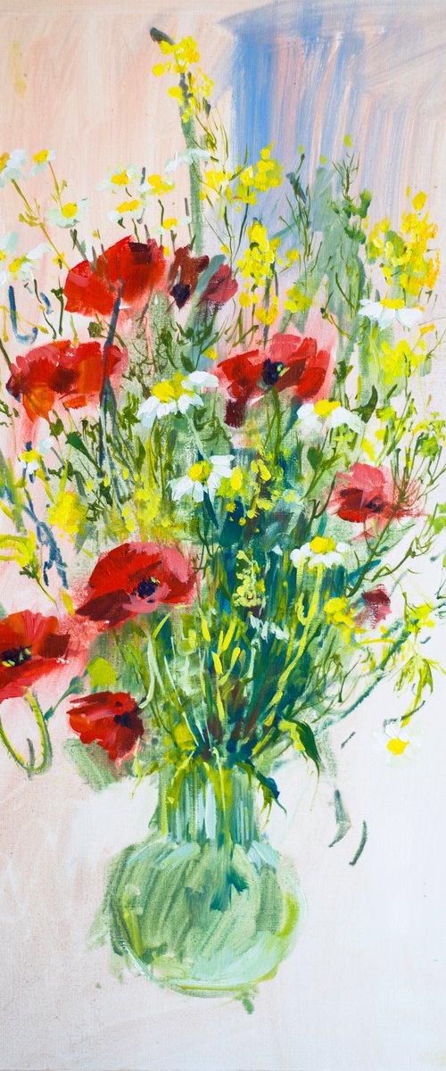 Poppies and camomiles. Summer bouquet in a studio. Bright colors medium size interior abstract flowers red yellow tender by Sasha Romm