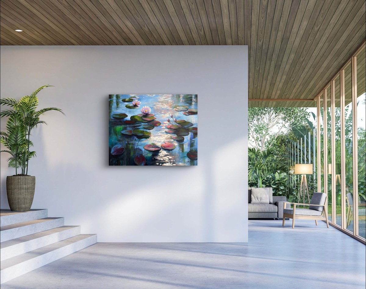 Impressionistic Botanical Acrylic Painting By Sandra Gebhardt-Hoepfner, 39 X 31", Lilies In Sparcle, Original Artwork