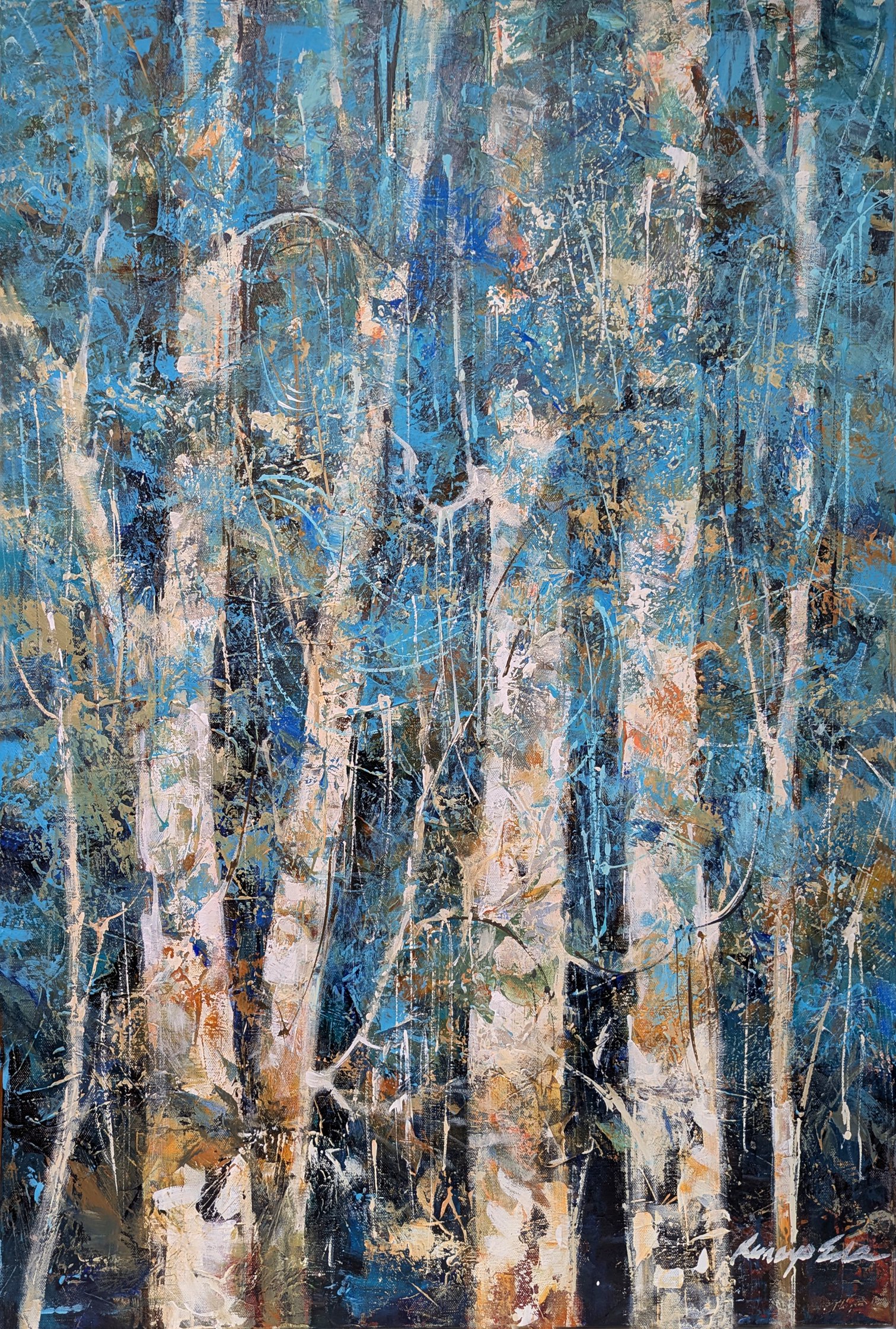 Impressionistic Landscape Acrylic Painting By Kanayo Ede, 24 X 36", White Treeline, Original Artwork