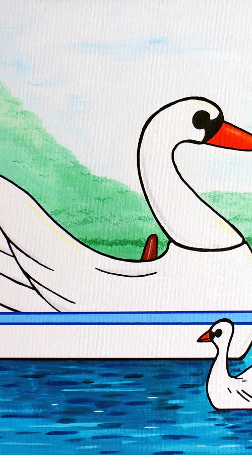 Swan Boat With Swan on Boating Lake - Spring Version - Painting on Canvas by Ian Viggars