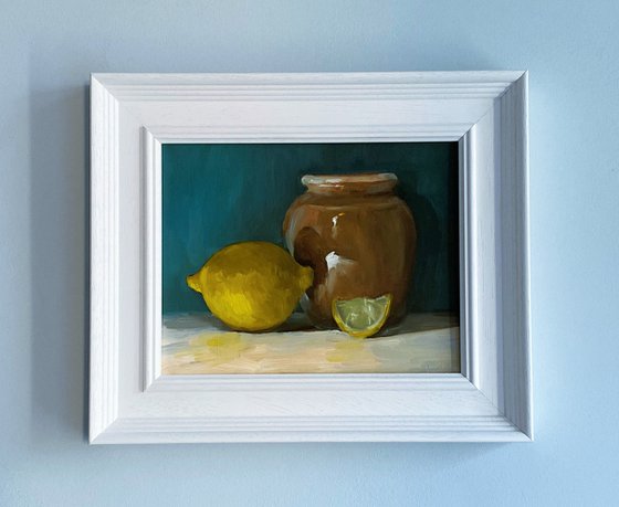 Lemons and Ceramic Pot Still Life