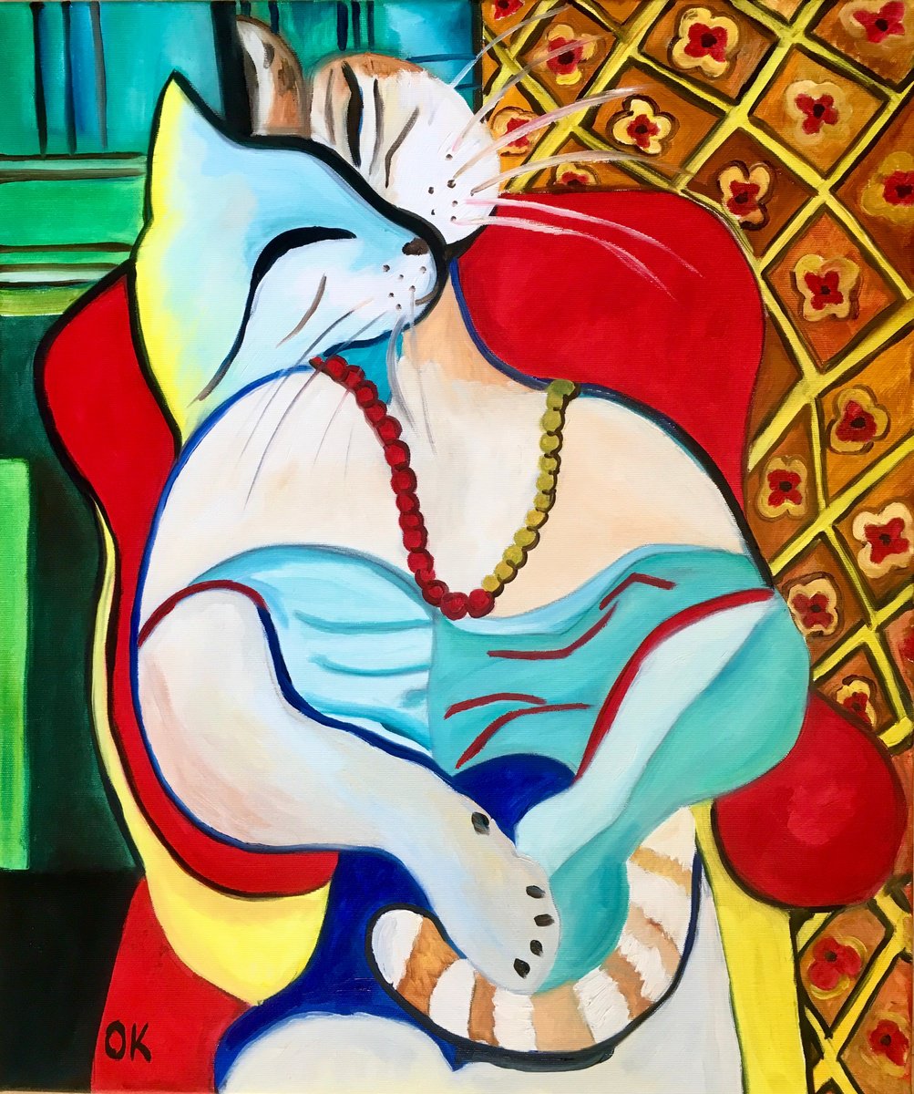 Animal Oil Painting By Olga Koval, 20 X 24", Cat - The Dream - ?, Original Artwork