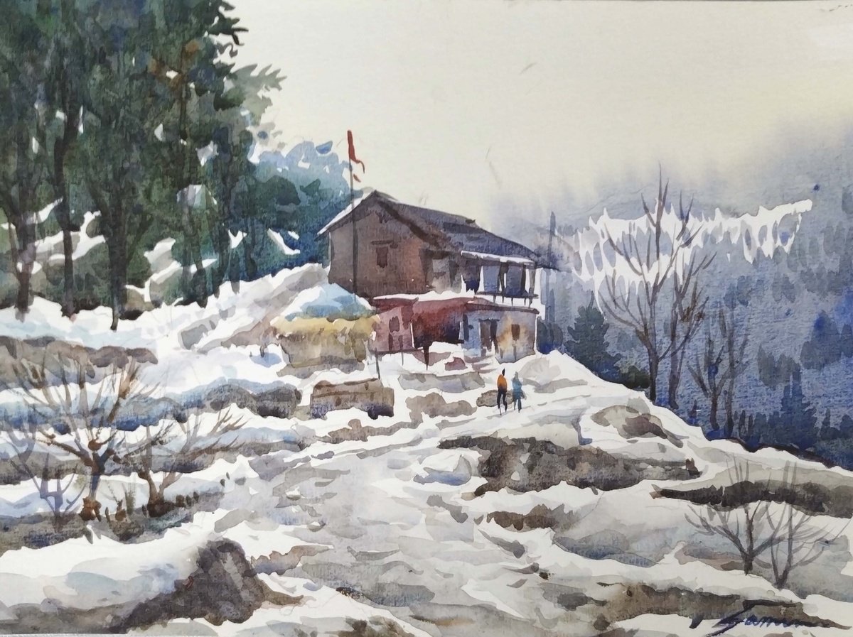 Impressionistic Landscape Watercolour By Samiran Sarkar, 8 X 6", Winter Himalayan Village, Original Artwork