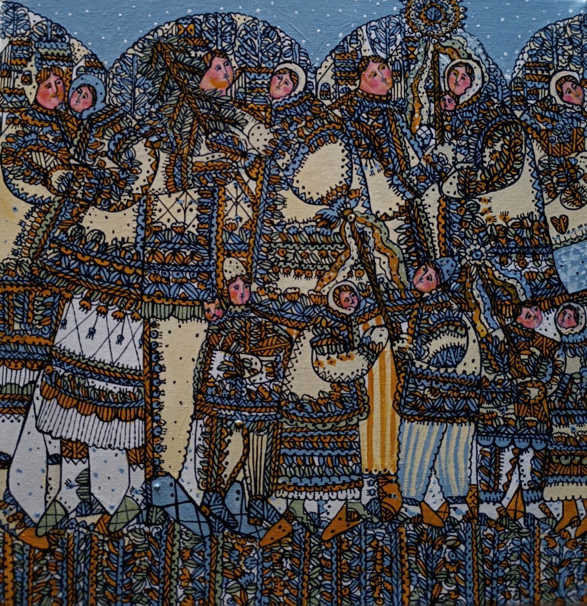 Naive Portrait Acrylic Painting By Tetiana Osadchuk, 12 X 12", A Cozy Winter, Original Artwork