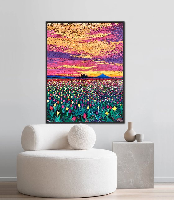 Field with tulips. Sunset 90-70cm