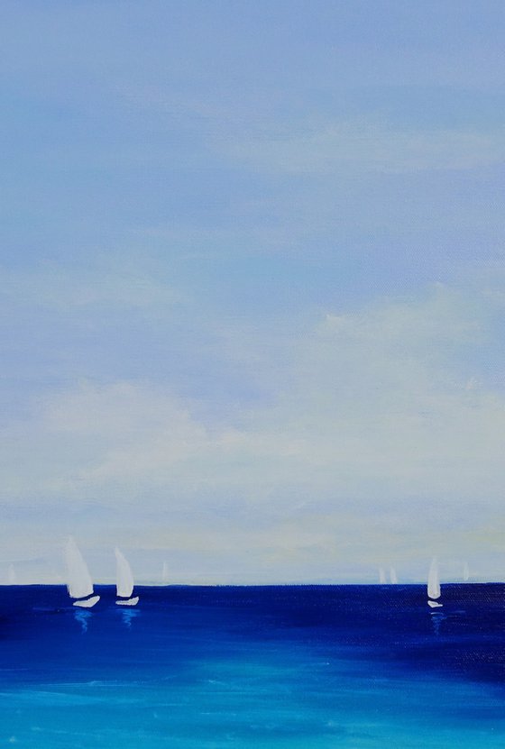 Abstract Seascape Painting. Sailboats, Beach, Ocean, Sea Waves, Sailing Yachts