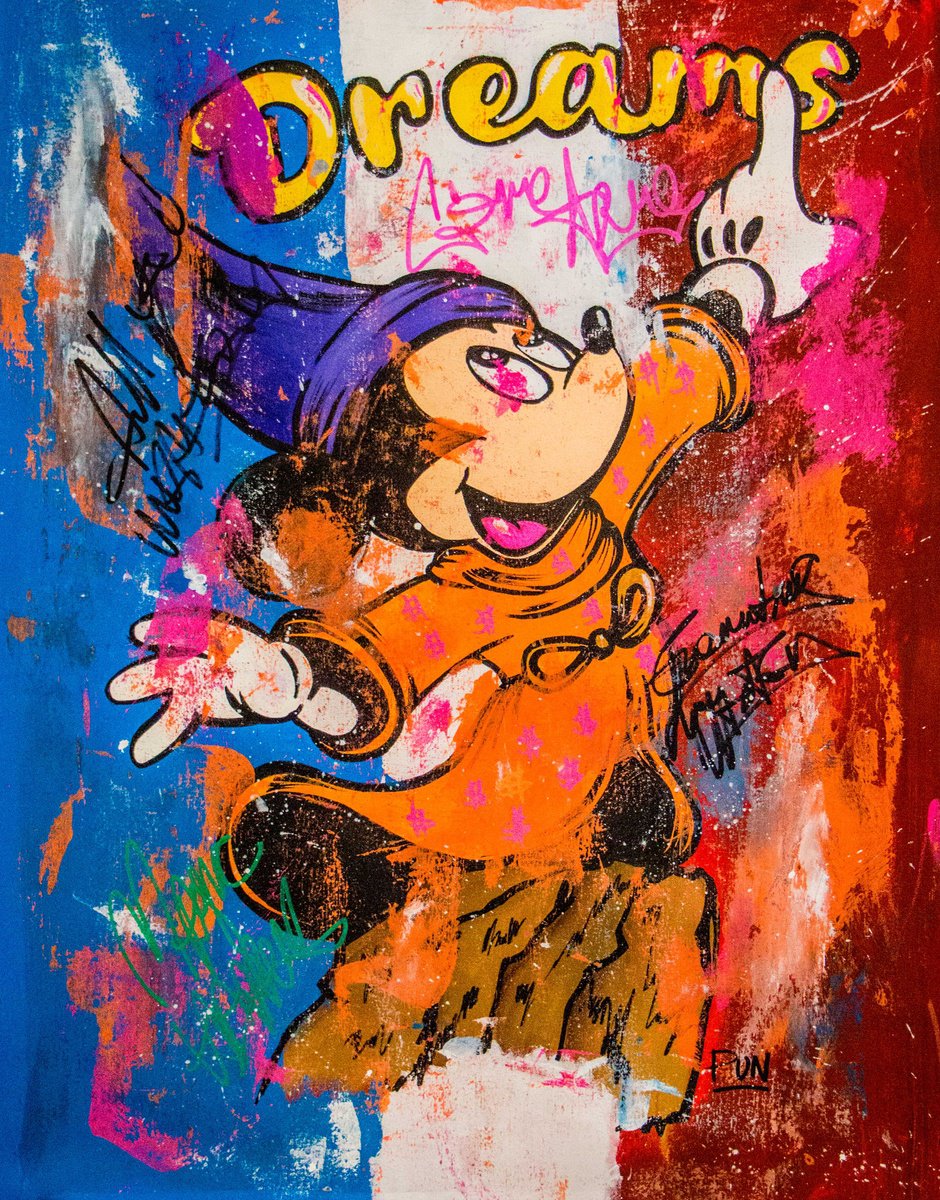 Cartoon Animal Acrylic Painting By Carlos Pun Art, 20 X 28, French Dreams Ft. Mickey Mouse, Original Artwork