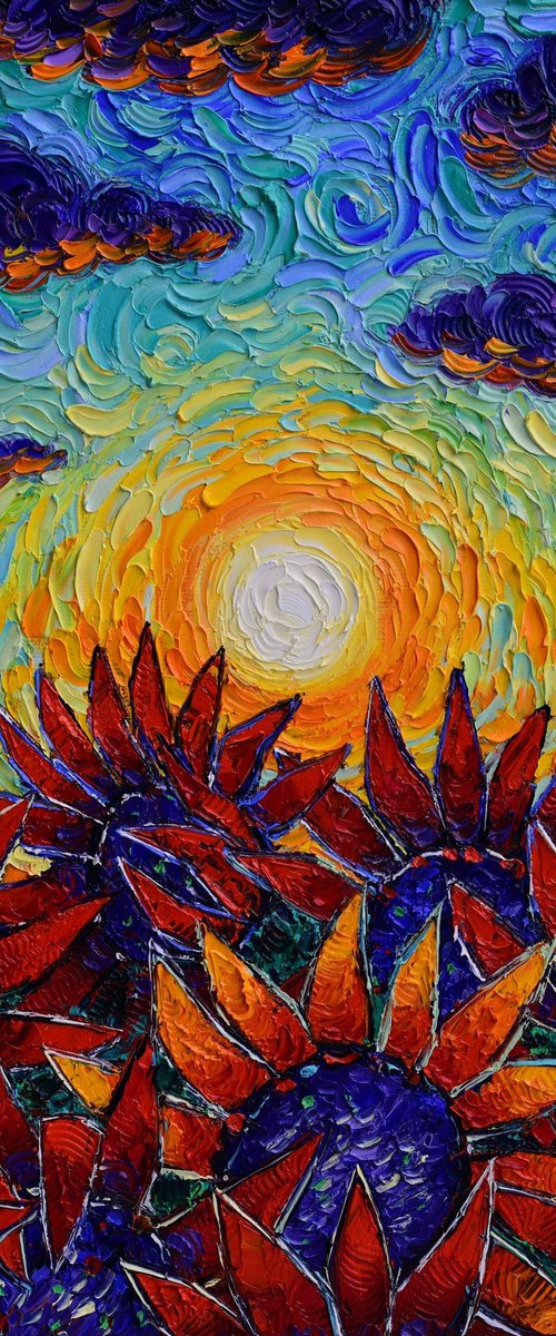 RED SUNFLOWERS - PROVENCE SUNSET impasto palette knife oil painting textured impressionism Ana Maria Edulescu by ANA MARIA EDULESCU