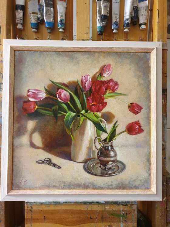 "Spring tulips" still life  metal silver tulip liGHt original painting  GIFT (2019)