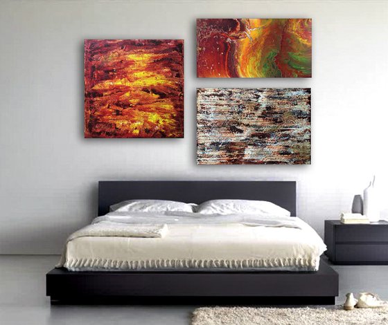 "Earth, Wind and Fire" - Save As Series - Original Large PMS Abstract Triptych Acrylic Paintings On Canvas - 66" x 42"