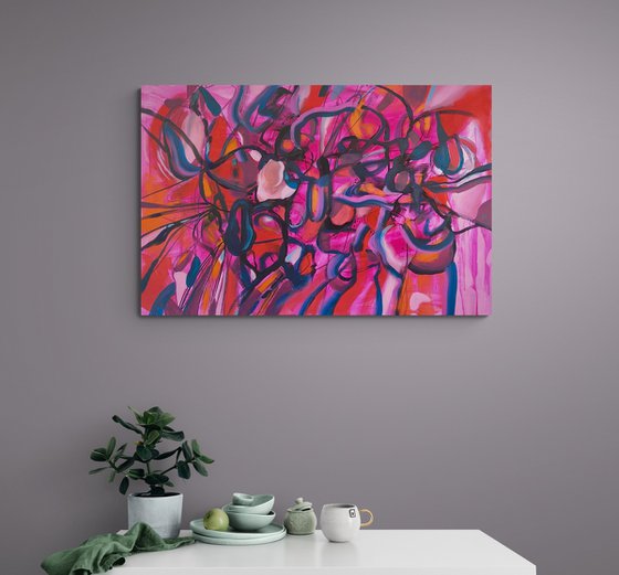 FULL ON- a large scale xxl dynamic red pink expressive abstract painting