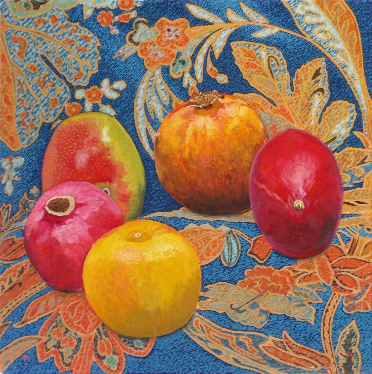 Still Life Oil Painting By Richard Gibson, 20 X 20", Fruit On Fabric, Original Artwork