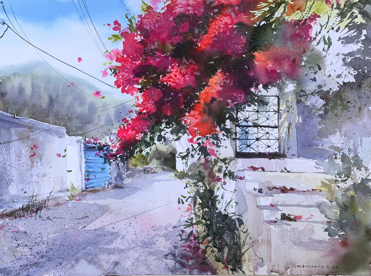 Impressionistic Cityscapes Watercolour By Eugenia Gorbacheva, 16 X 12, English Village Cyprus #6, Original Artwork